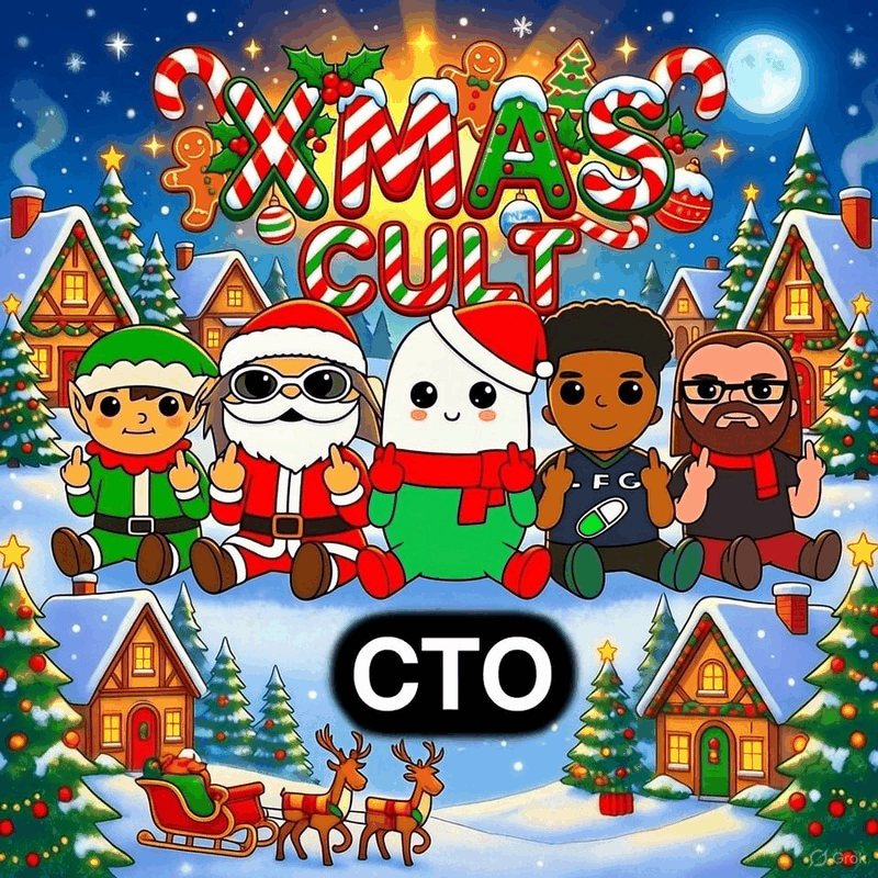 The xmas cult art: candy cane letters spell XMAS CULT over a snowy village at night. Santa in sunglasses, an elf, a snowman and two cult members sit in the snow giving the finger, above a black CTO badge, with a sleigh and reindeer below.